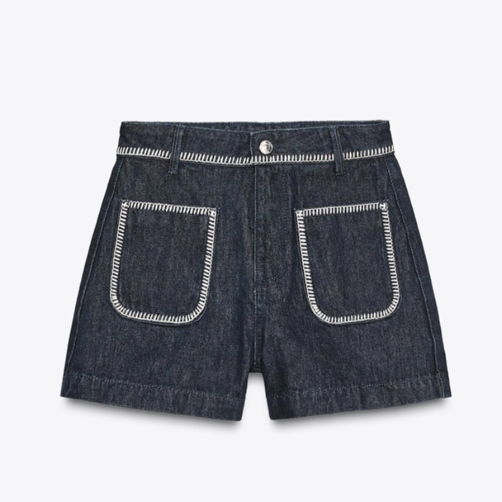 Zara Dark Blue Jean Shorts with White Stitching